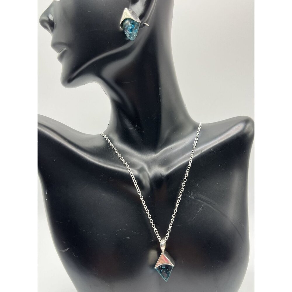 Dichroic Glass Necklace & Earrings Set 925 Sterling Silver Hand Blown Blue Stone